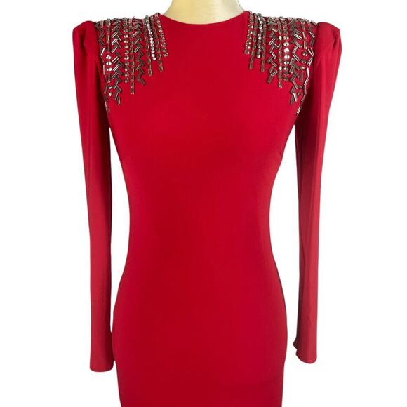 Ieena for Mac Duggal Red Formal Maxi Dress Size 4 Crystal Details Prom Wedding - Picture 3 of 13